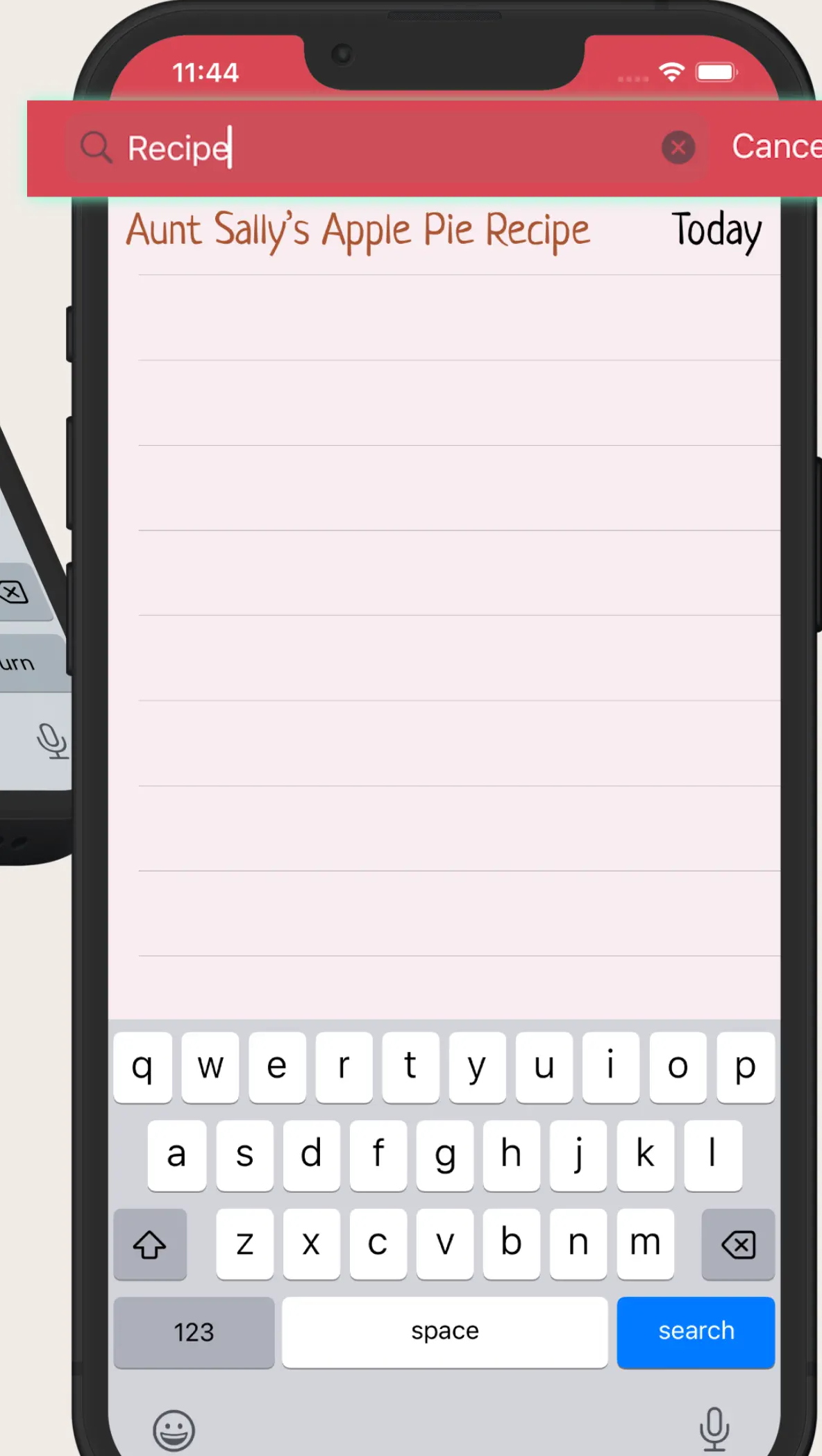 Full-text search finding a recipe across all notes